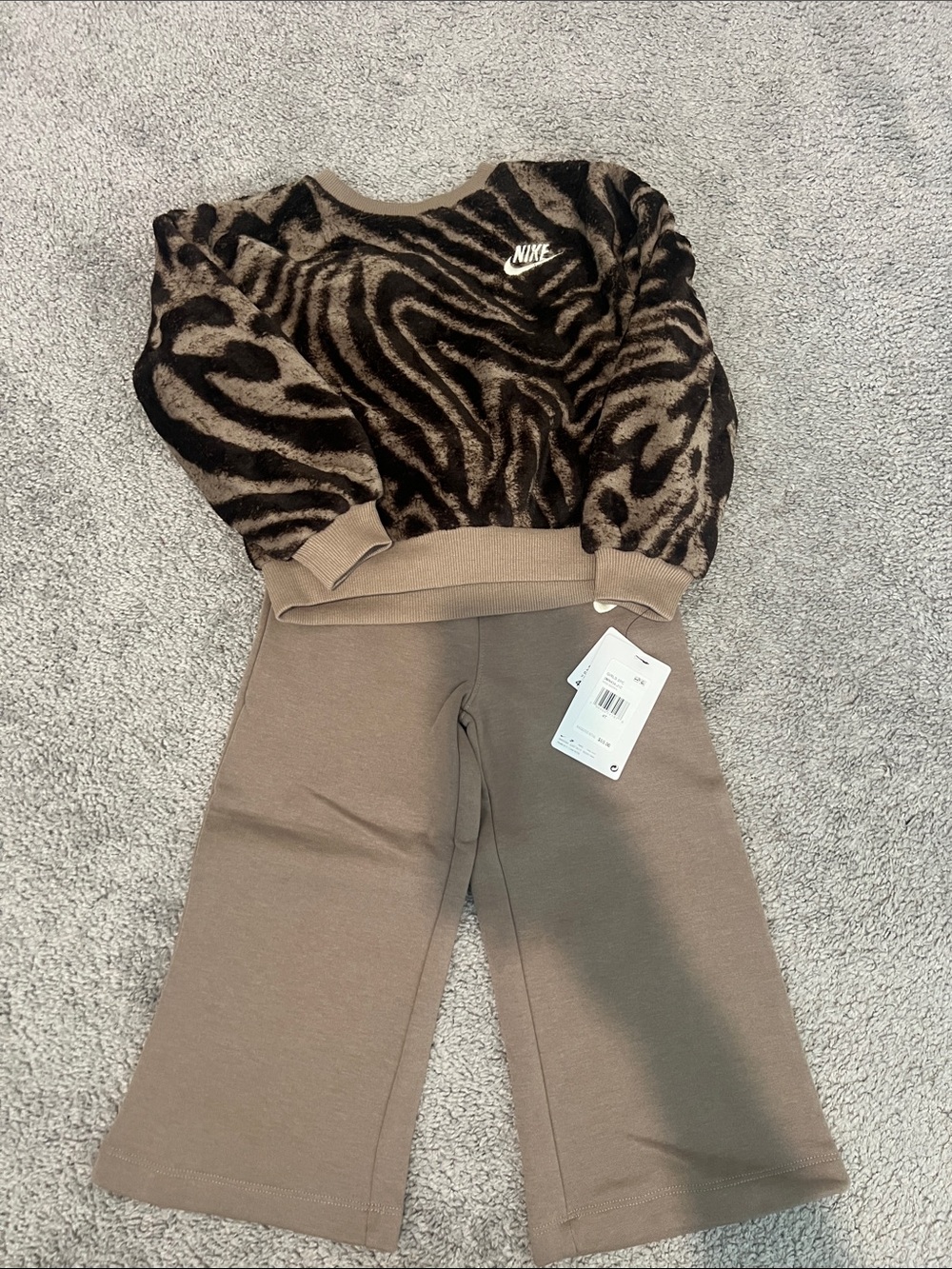 Nike Kids Brown Zebra-Print Fuzzy Sweatshirt with Brown Wide-Leg Joggers